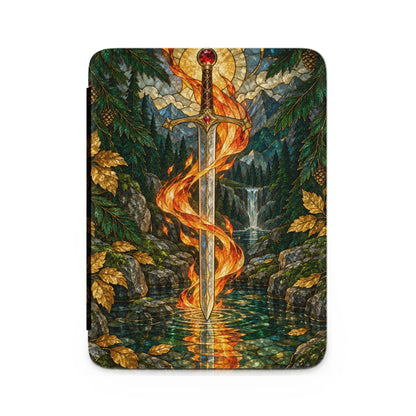 Sword in flames, set in a forest with a waterfall and mountains, rendered in stained glass.