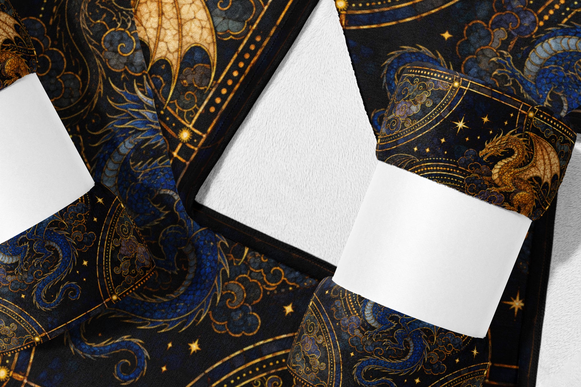 Dark fabric with swirling blue dragons, golden dragons, clouds, and stars pattern.
