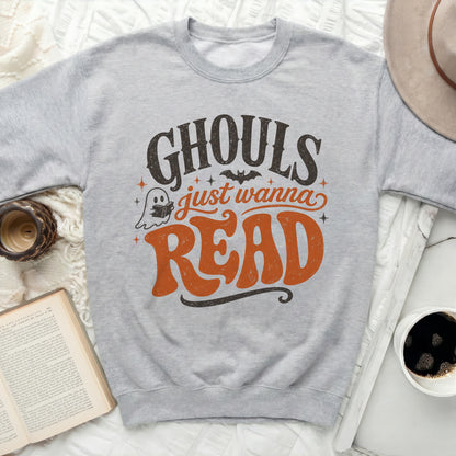Gray sweatshirt with "Ghouls just wanna Read" graphic