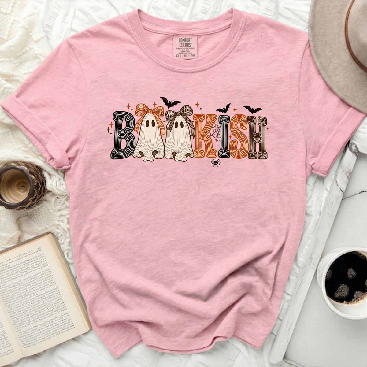Pink t-shirt with "Boo-Kish" graphic featuring ghosts and bats.