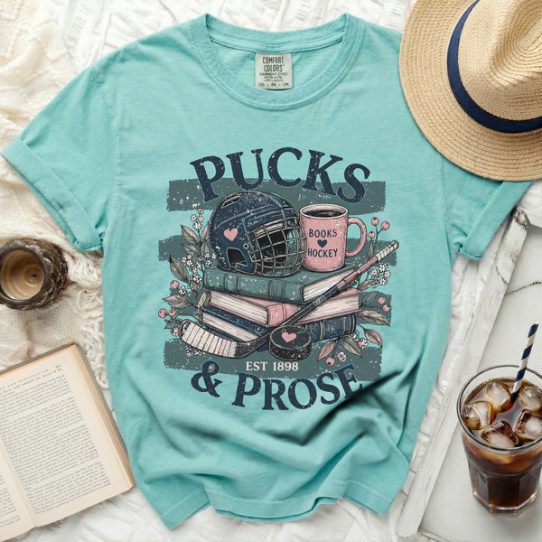 Pucks & Prose Literary Hockey Tee in Island Reef