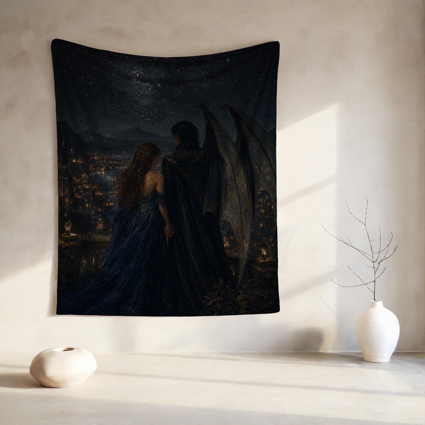 Fantasy art tapestry of a winged figure embracing a woman under a starry night sky.