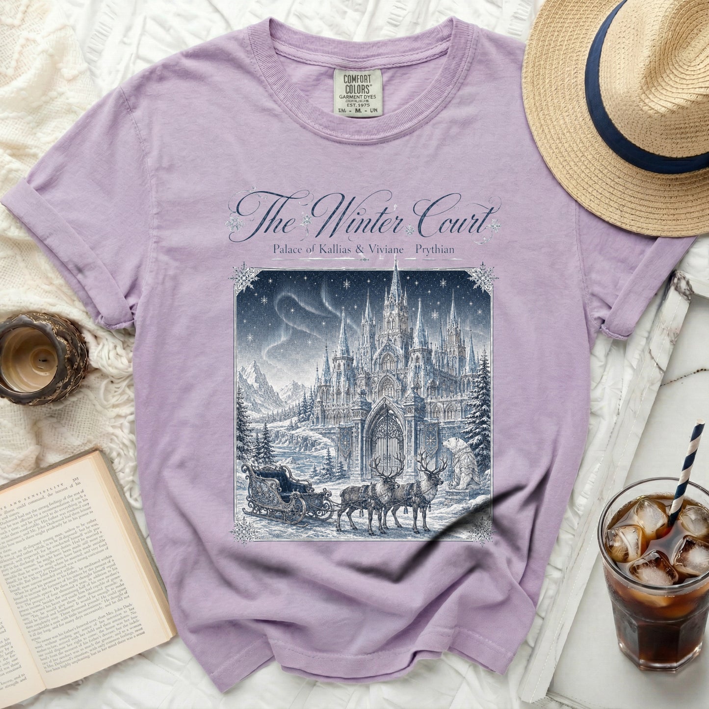 The Winter Court Palace t-shirt features a snowy castle with reindeer and sleigh.