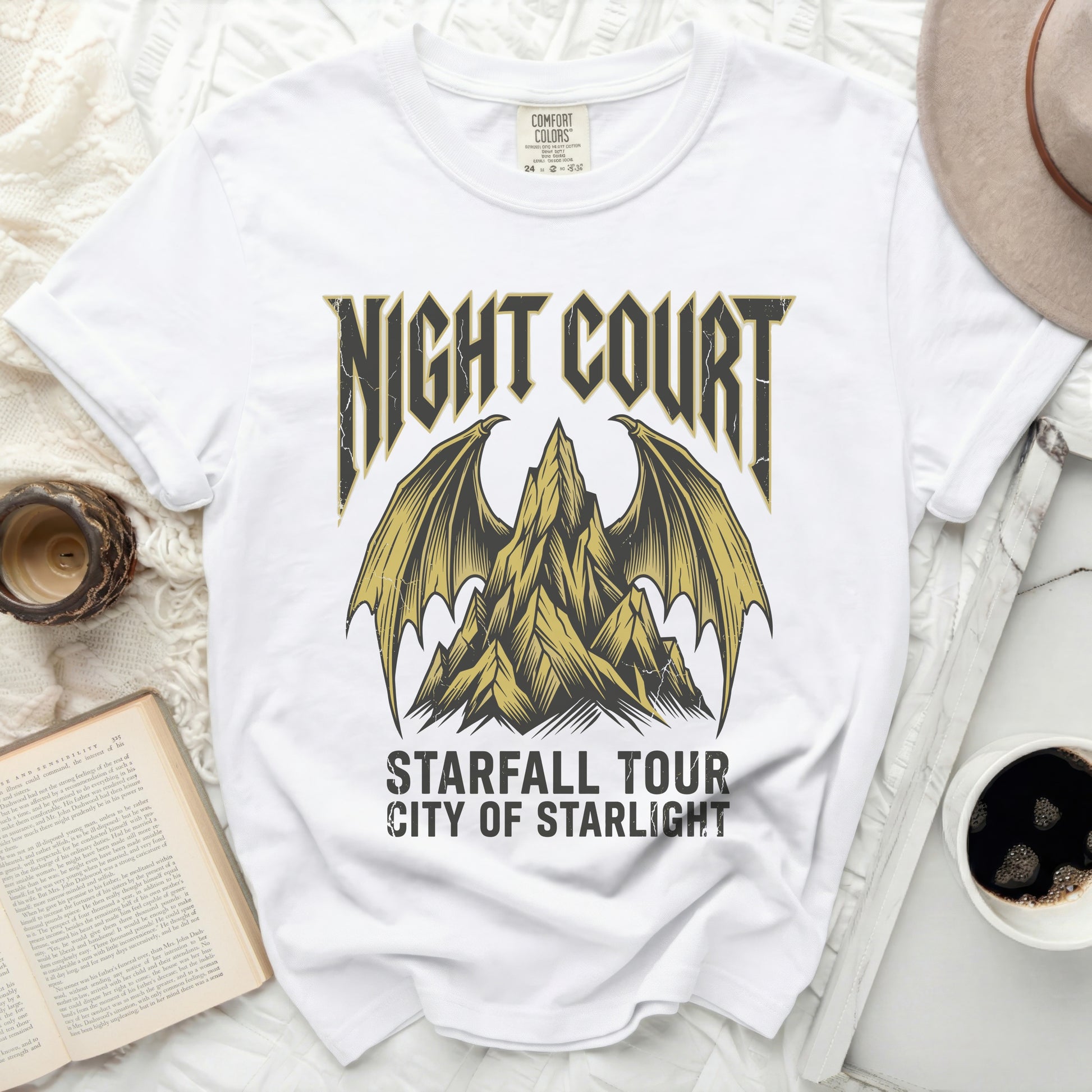 White t-shirt with "NIGHT COURT STARFALL TOUR CITY OF STARLIGHT" graphic.