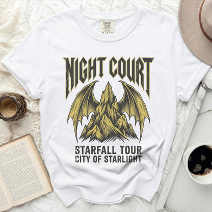 White t-shirt with "NIGHT COURT STARFALL TOUR CITY OF STARLIGHT" graphic.