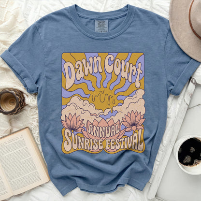 Blue t-shirt with "Dawn Court Annual Sunrise Festival" graphic.