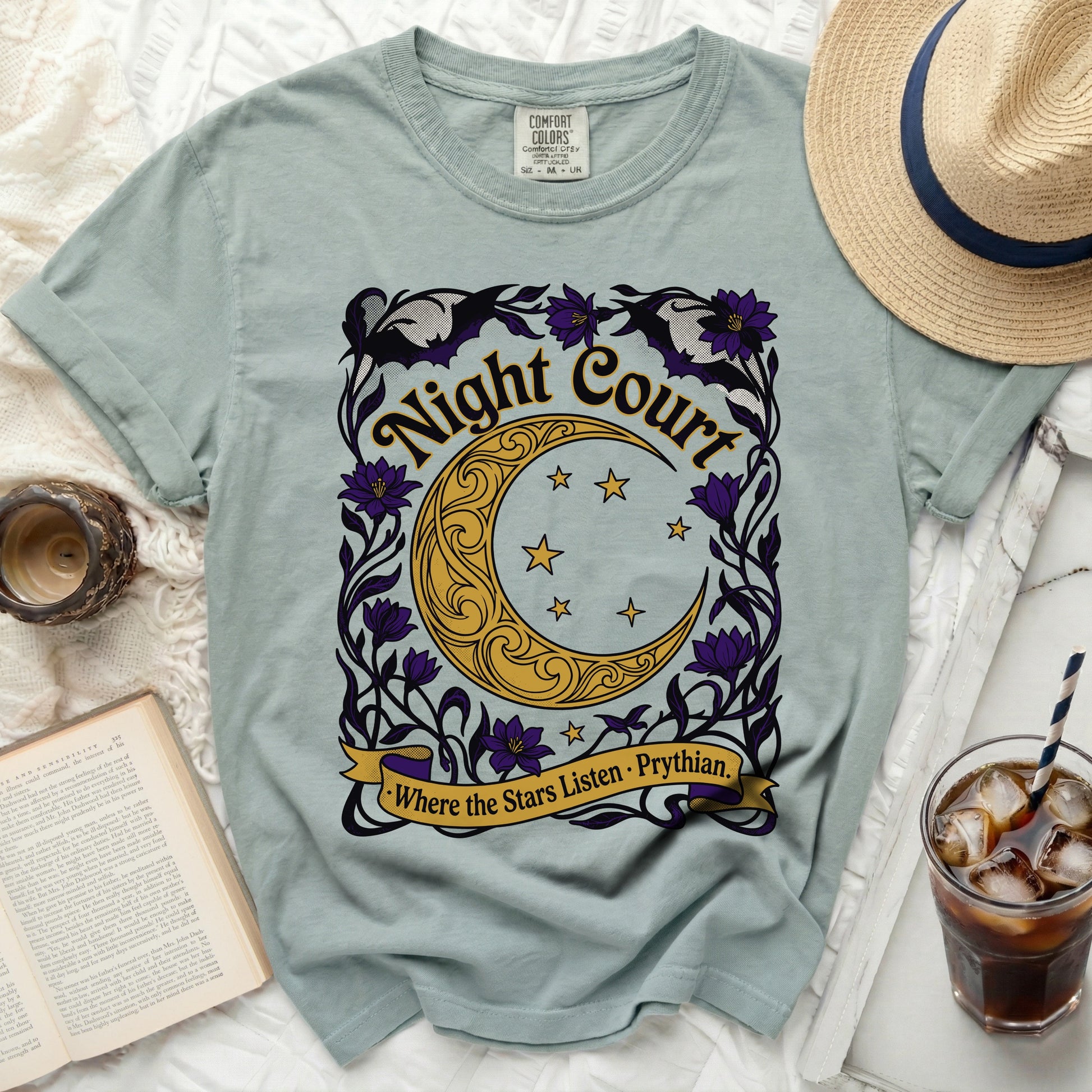 Comfort Colors t-shirt with "Night Court Where the Stars Listen Prythian" graphic.