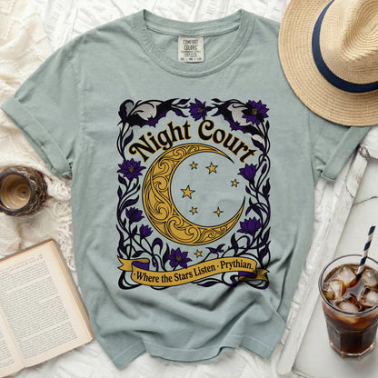 Comfort Colors t-shirt with "Night Court Where the Stars Listen Prythian" graphic.