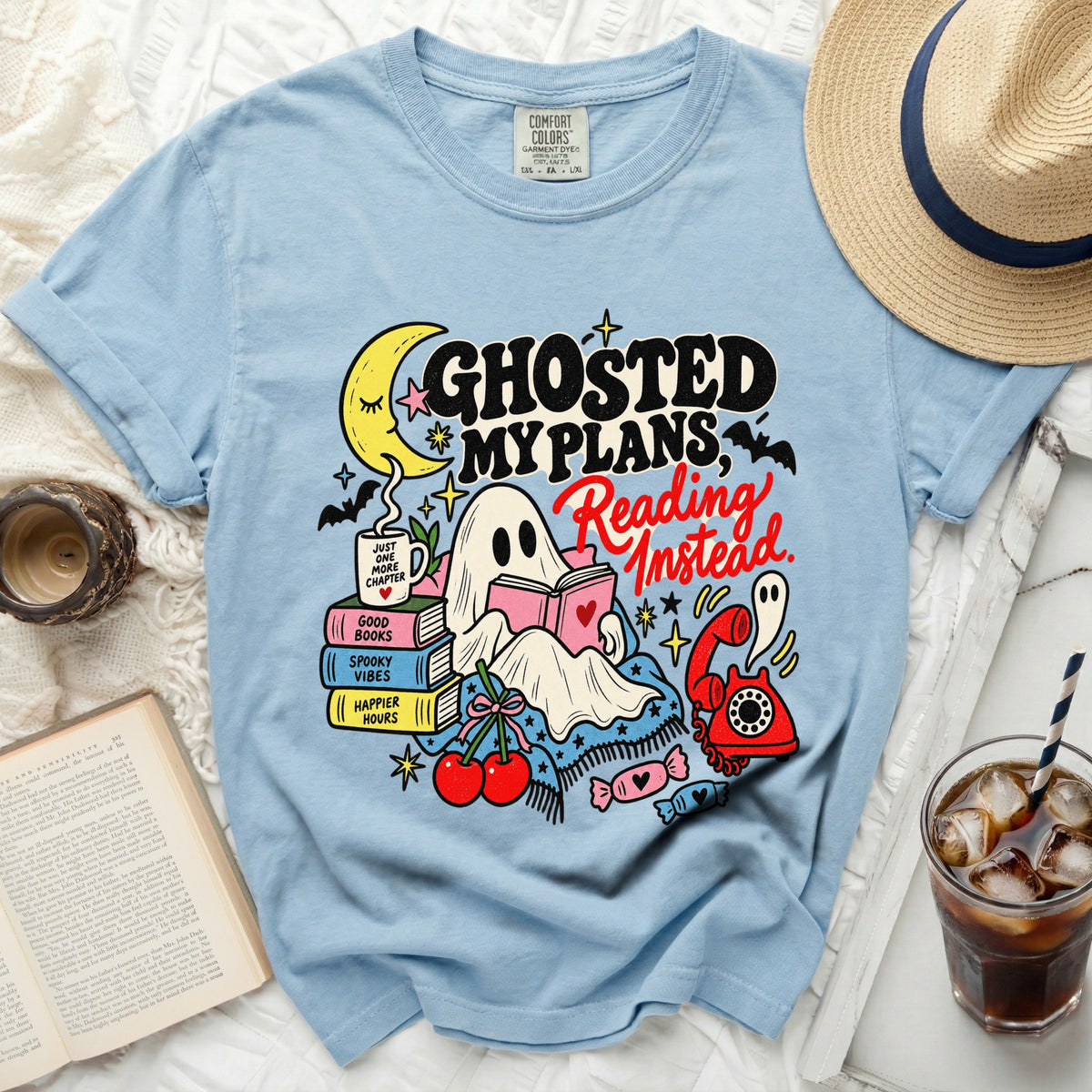 Ghosted my plans, reading instead graphic tee with ghost and books.