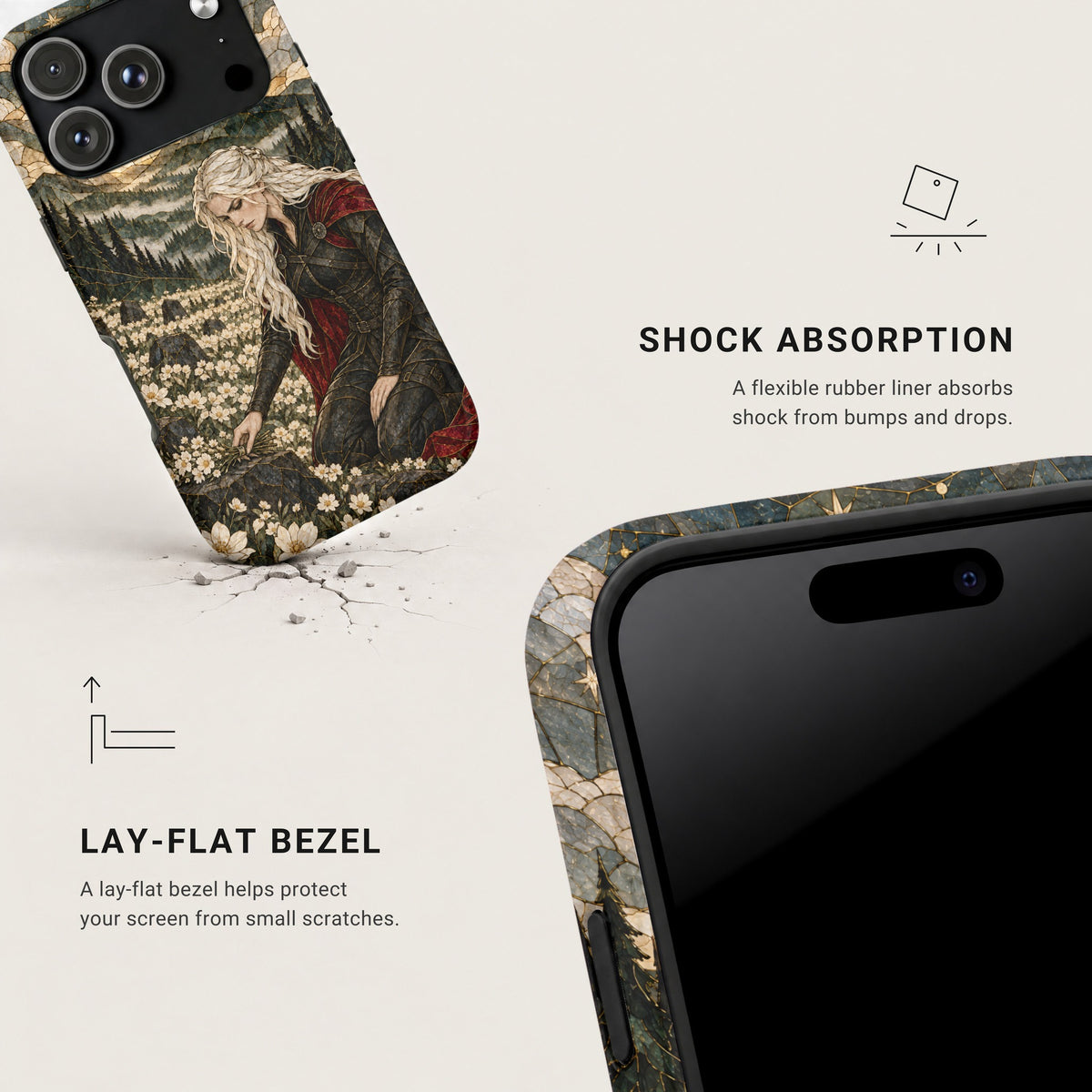 A smartphone case featuring a fantasy female warrior kneeling in a flower field, with callouts for shock absorption and a lay-flat bezel.