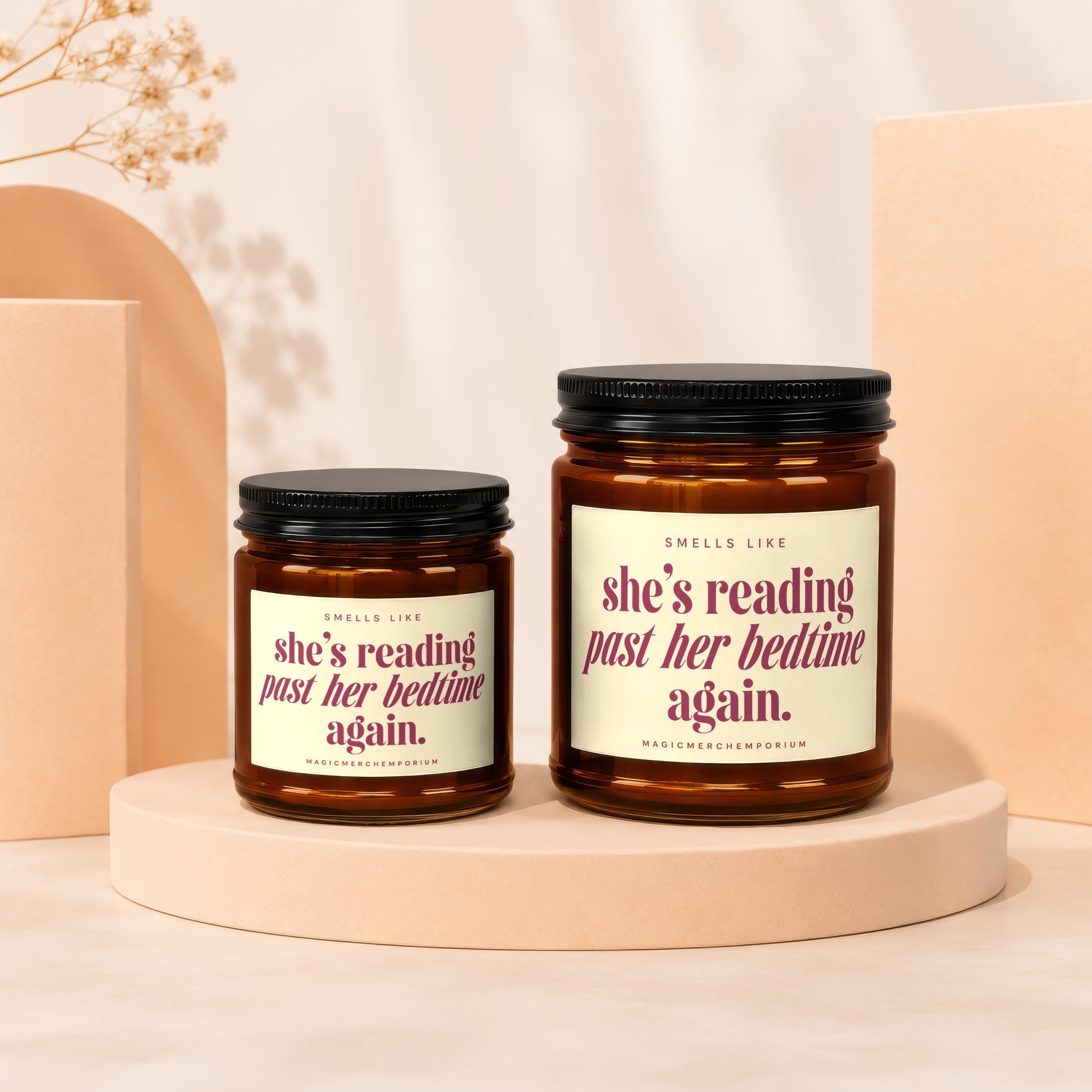 Two amber jars with black lids, labels read "she's reading past her bedtime again."