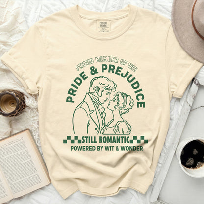 Pride & Prejudice graphic tee with couple, "Still Romantic Powered by Wit & Wonder."