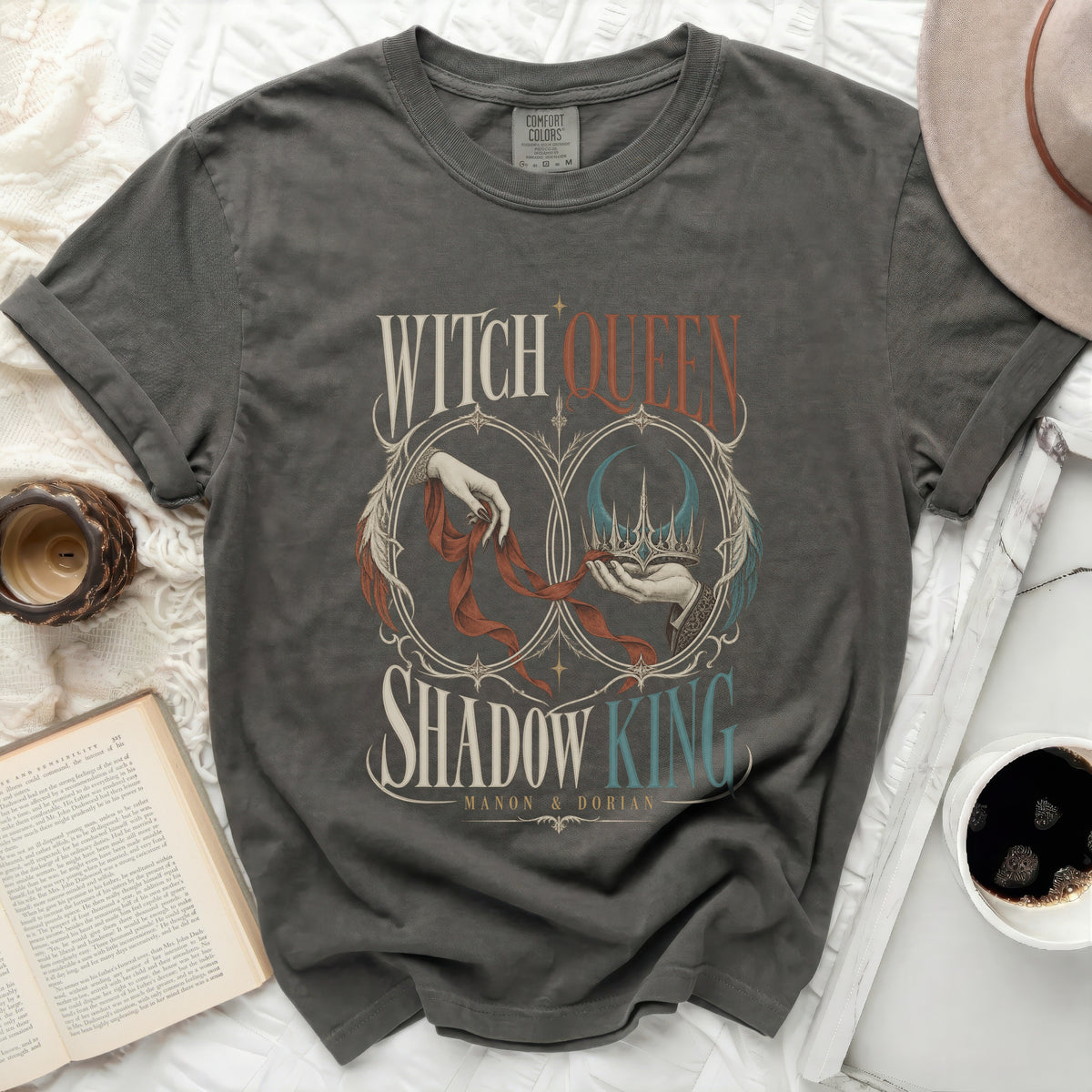 Dark grey t-shirt with "Witch Queen Shadow King Manon & Dorian" graphic.