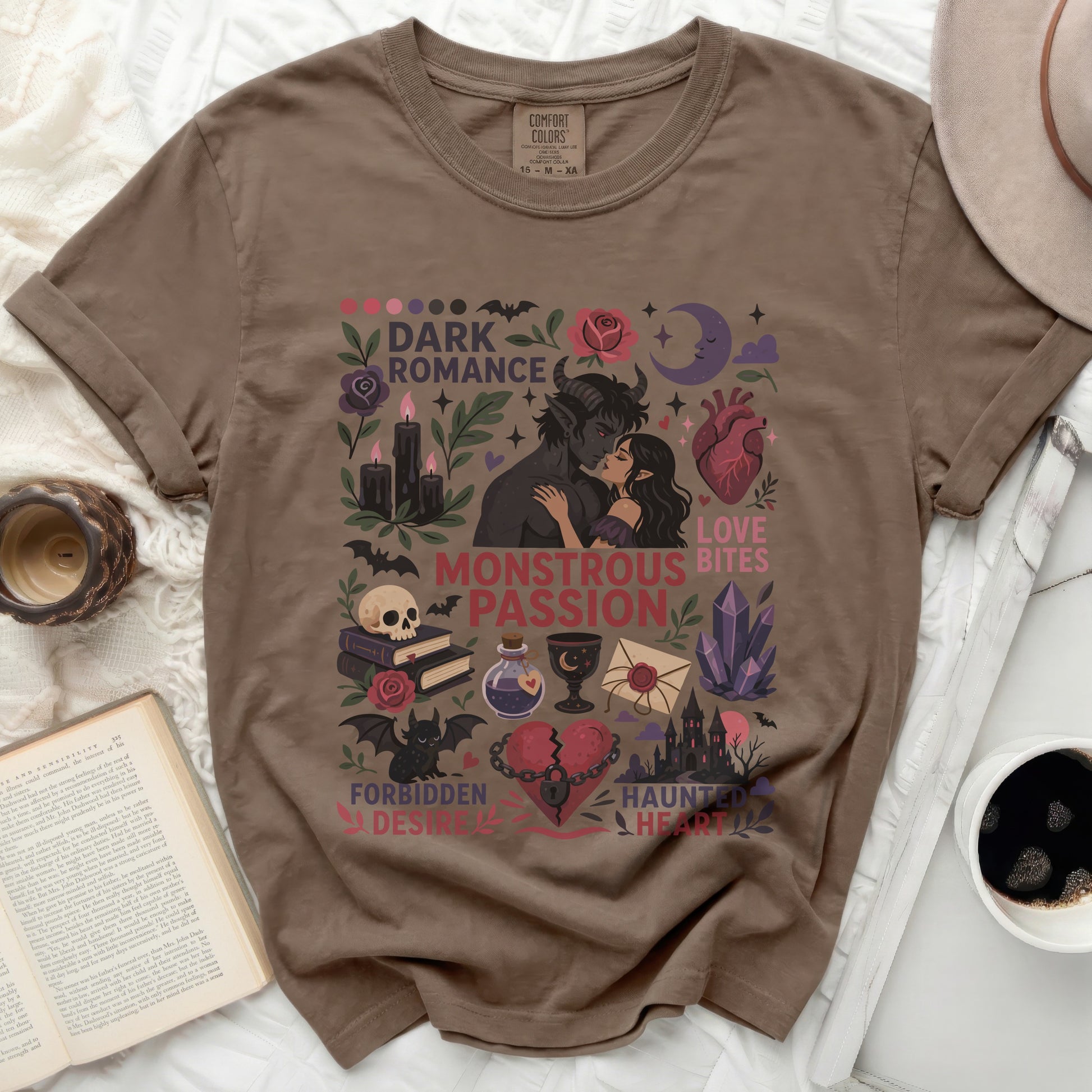 Dark Romance t-shirt with vampire couple, skulls, and gothic illustrations.
