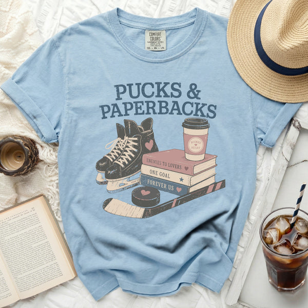 Pucks & Paperbacks Book Stacks Tee in Chambray