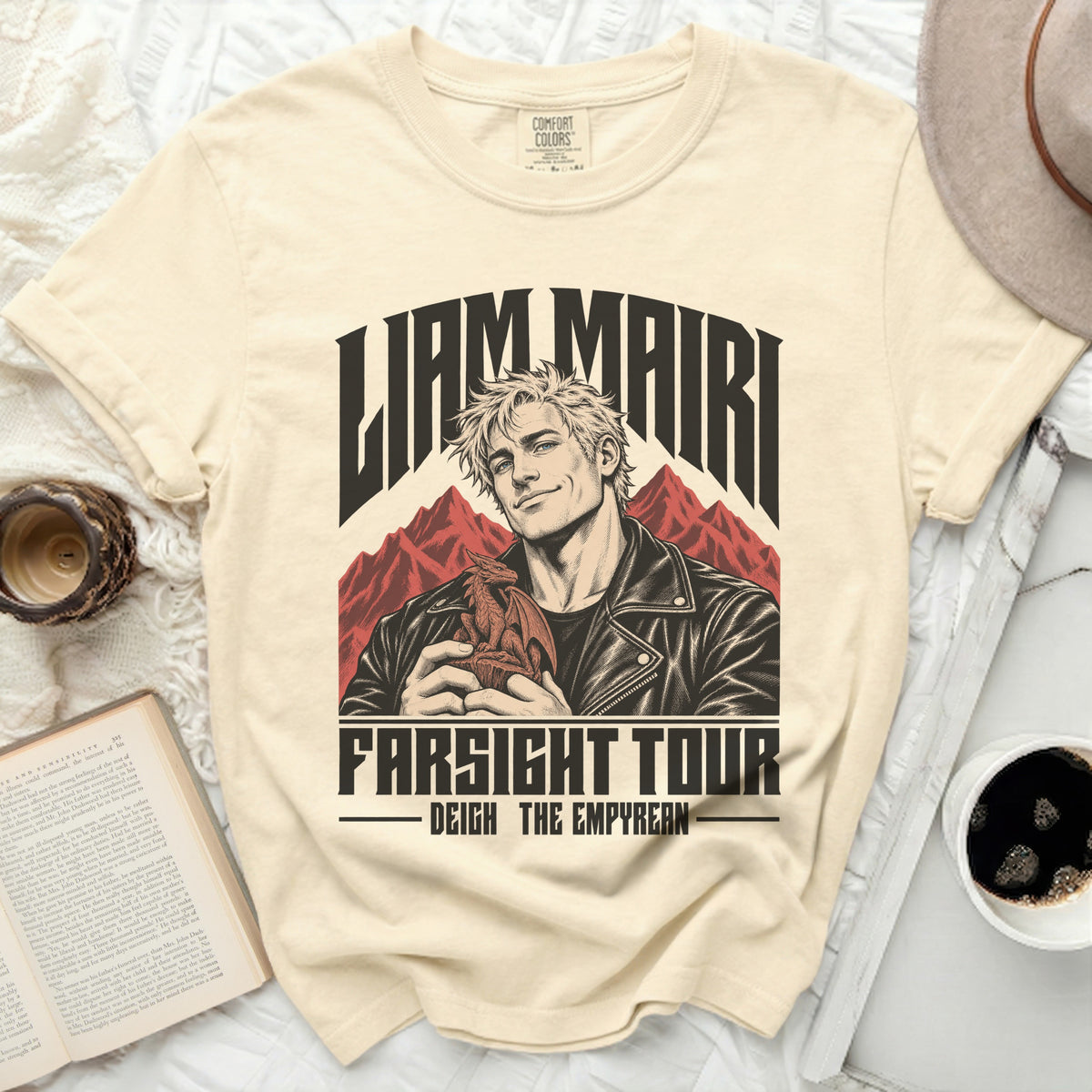 Cream t-shirt with "LIAM MAIRI FARSIGHT TOUR DEIGH THE EMPYREAN" text and dragon illustration.