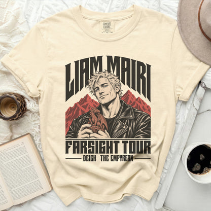 Cream t-shirt with "LIAM MAIRI FARSIGHT TOUR DEIGH THE EMPYREAN" text and dragon illustration.