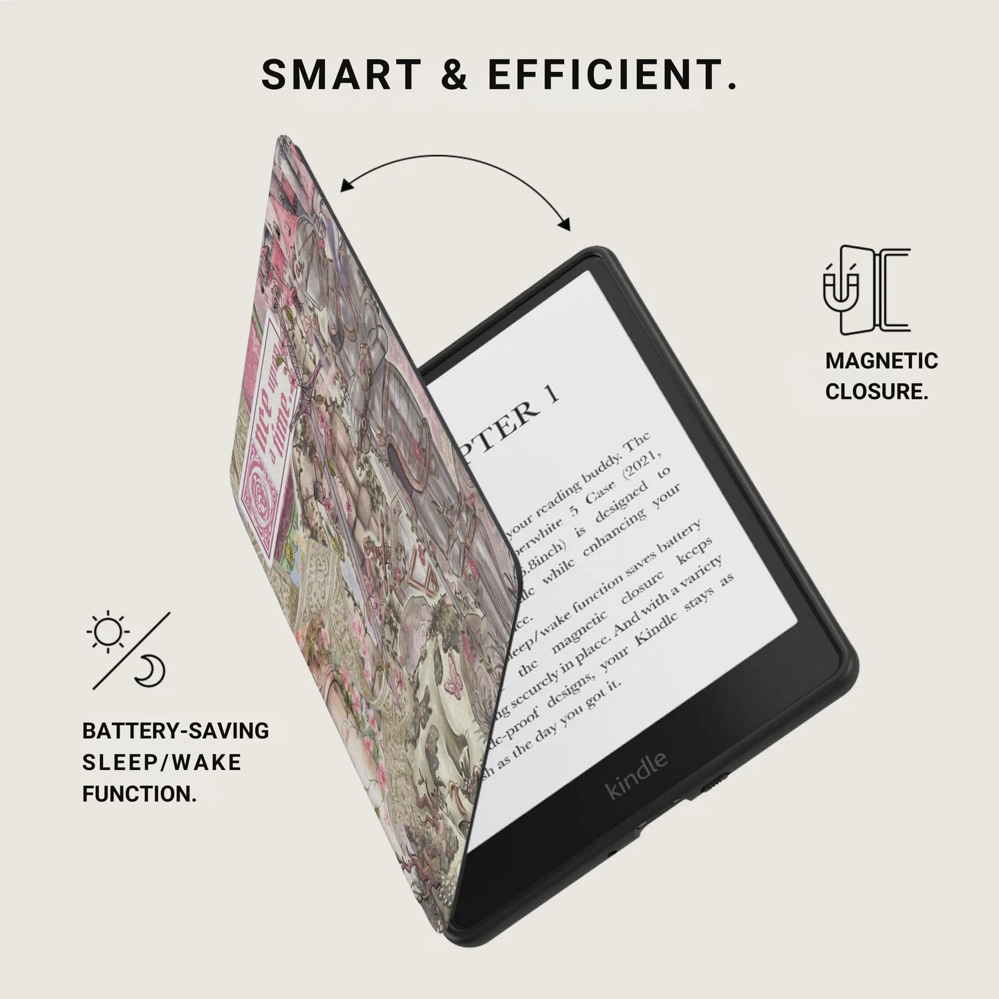 Kindle with decorative case open, showing "Chapter 1" and features.