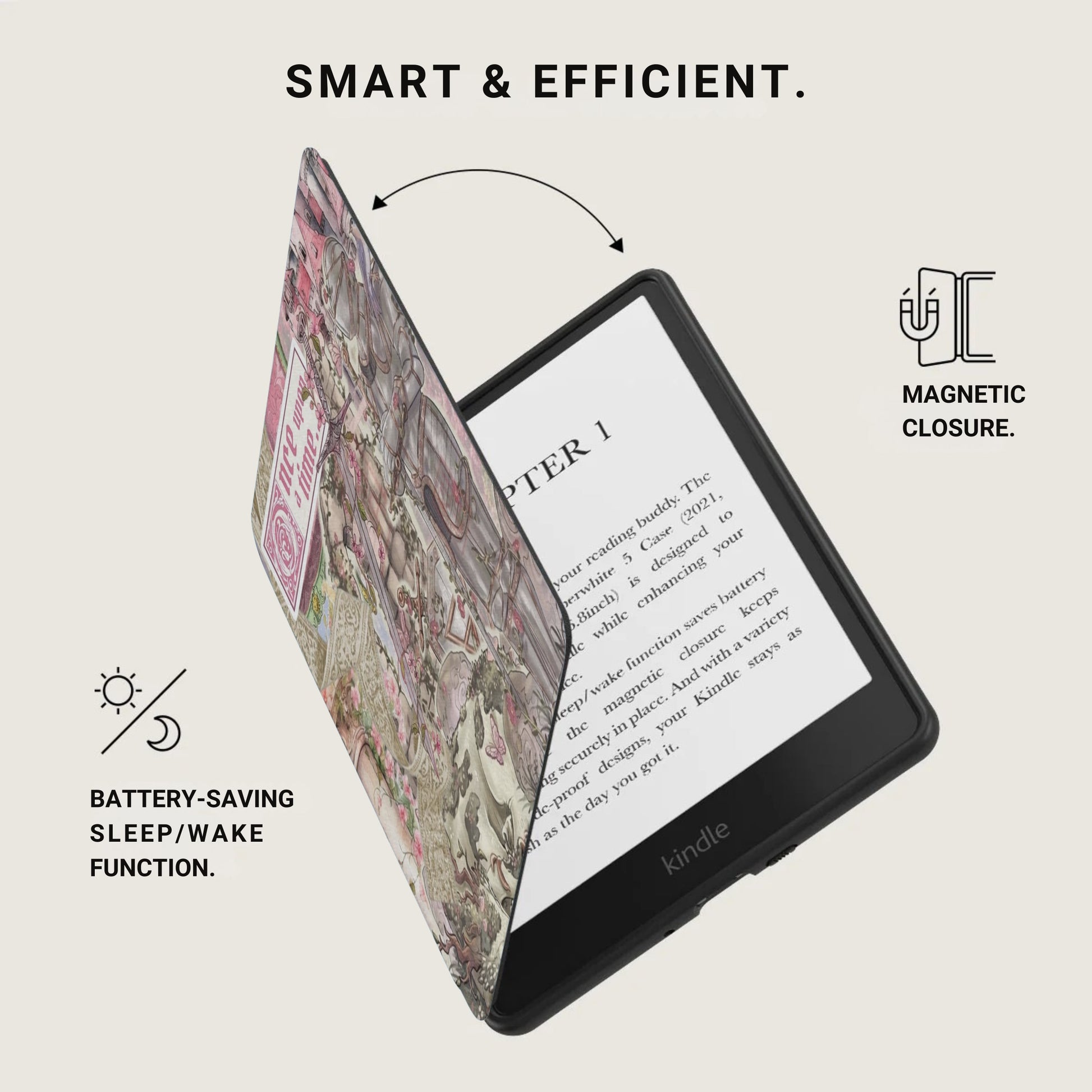 Kindle with decorative case open, showing "Chapter 1" and features.