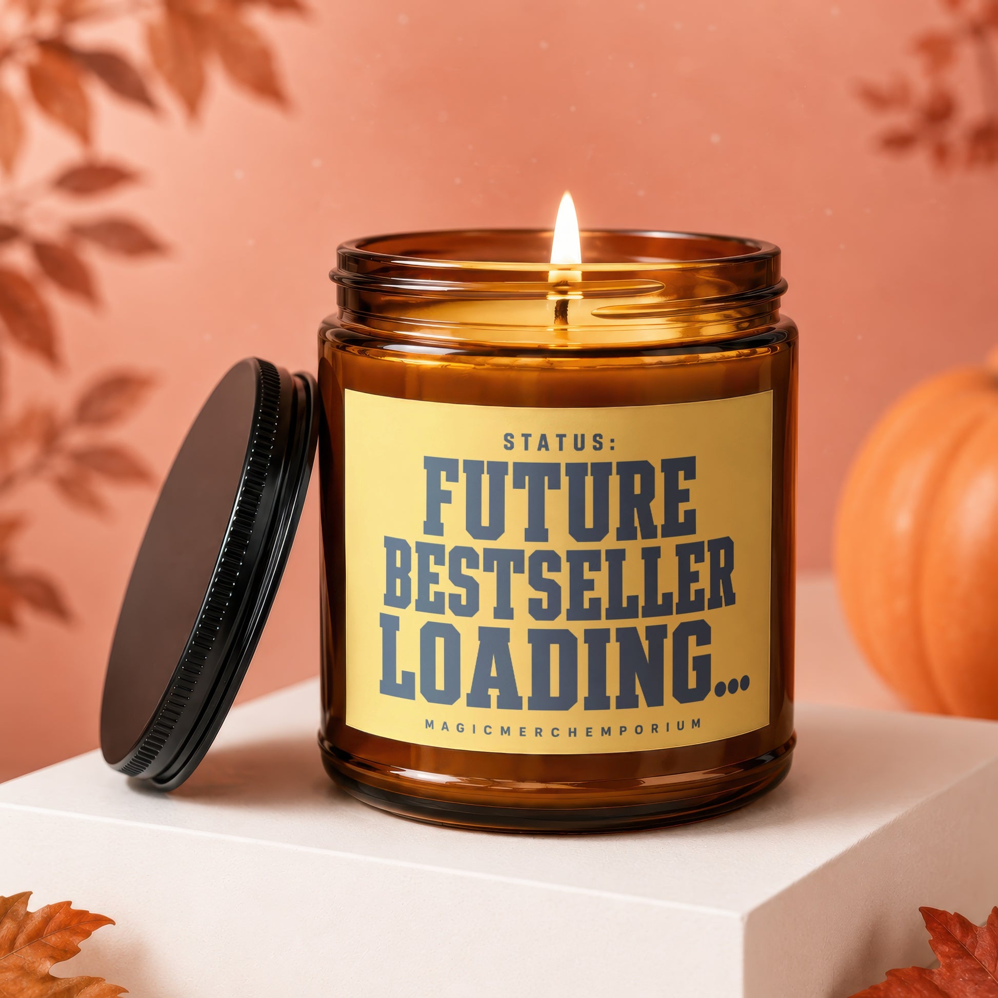 Amber candle with burning wick, reads "Status: Future Bestseller Loading..."