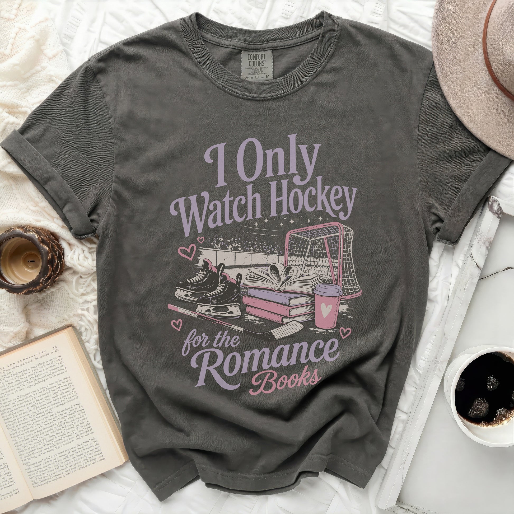 Dark grey t-shirt with "I Only Watch Hockey for the Romance Books" text.