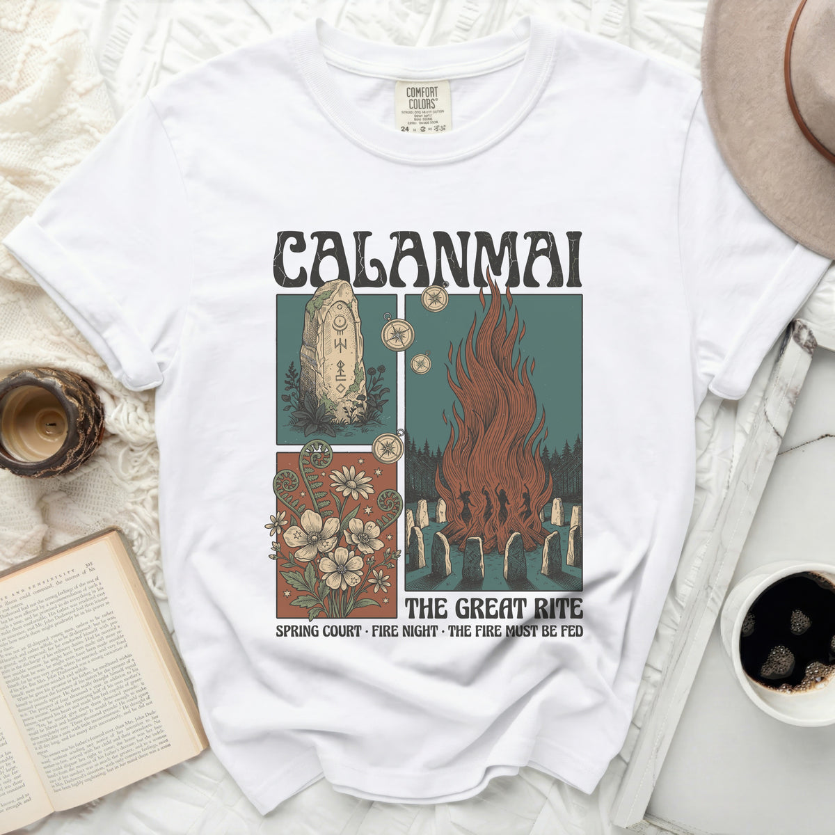 The Great Rite shirt with Calanmai, bonfire, and floral graphic.