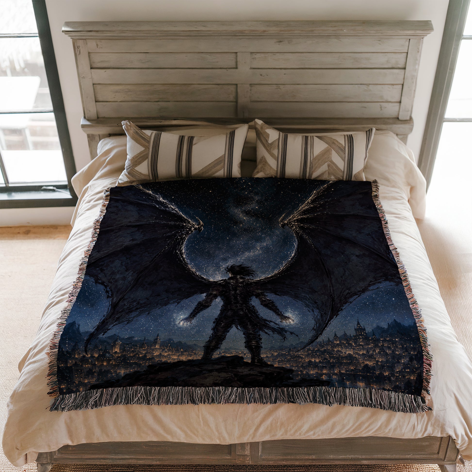 a bed with a large, detailed dragon-like creature spread out on the bedspread, which appears to be a blanket or throw.