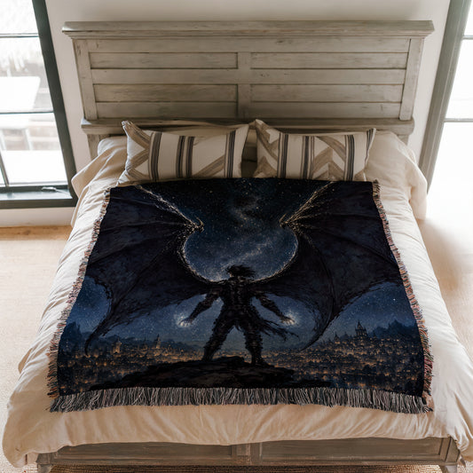 a bed with a large, detailed dragon-like creature spread out on the bedspread, which appears to be a blanket or throw.
