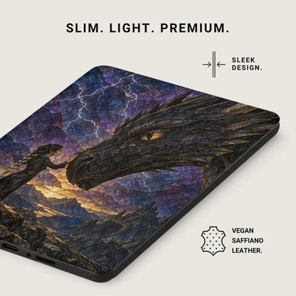 Phone case with dragon and woman artwork, text reads "Slim. Light. Premium." and "Vegan Saffiano Leather."