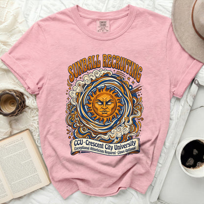 Pink t-shirt with "Sunball Recruiting" and "CCU Crescent City University" graphics.