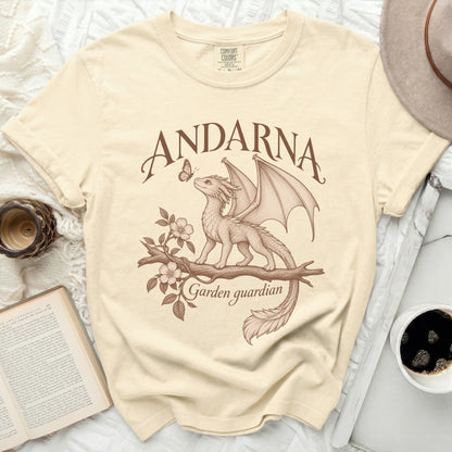 Cream t-shirt with "ANDARNA Garden guardian" and dragon graphic.