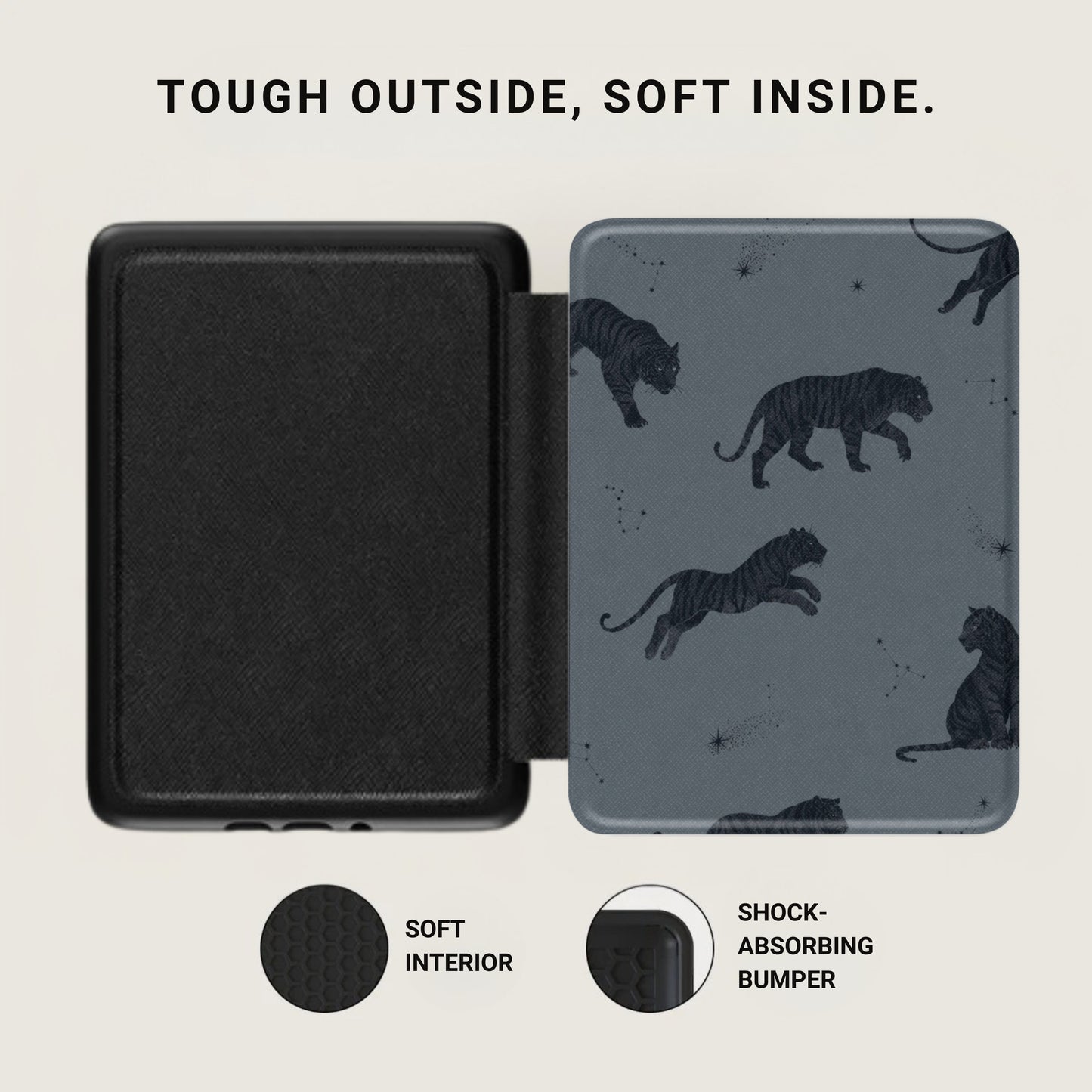 Black textured case open to reveal pattern of tigers and stars