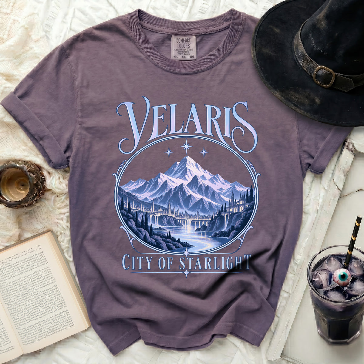 Velaris City of Starlight graphic tee featuring mountains, city, and river scene.