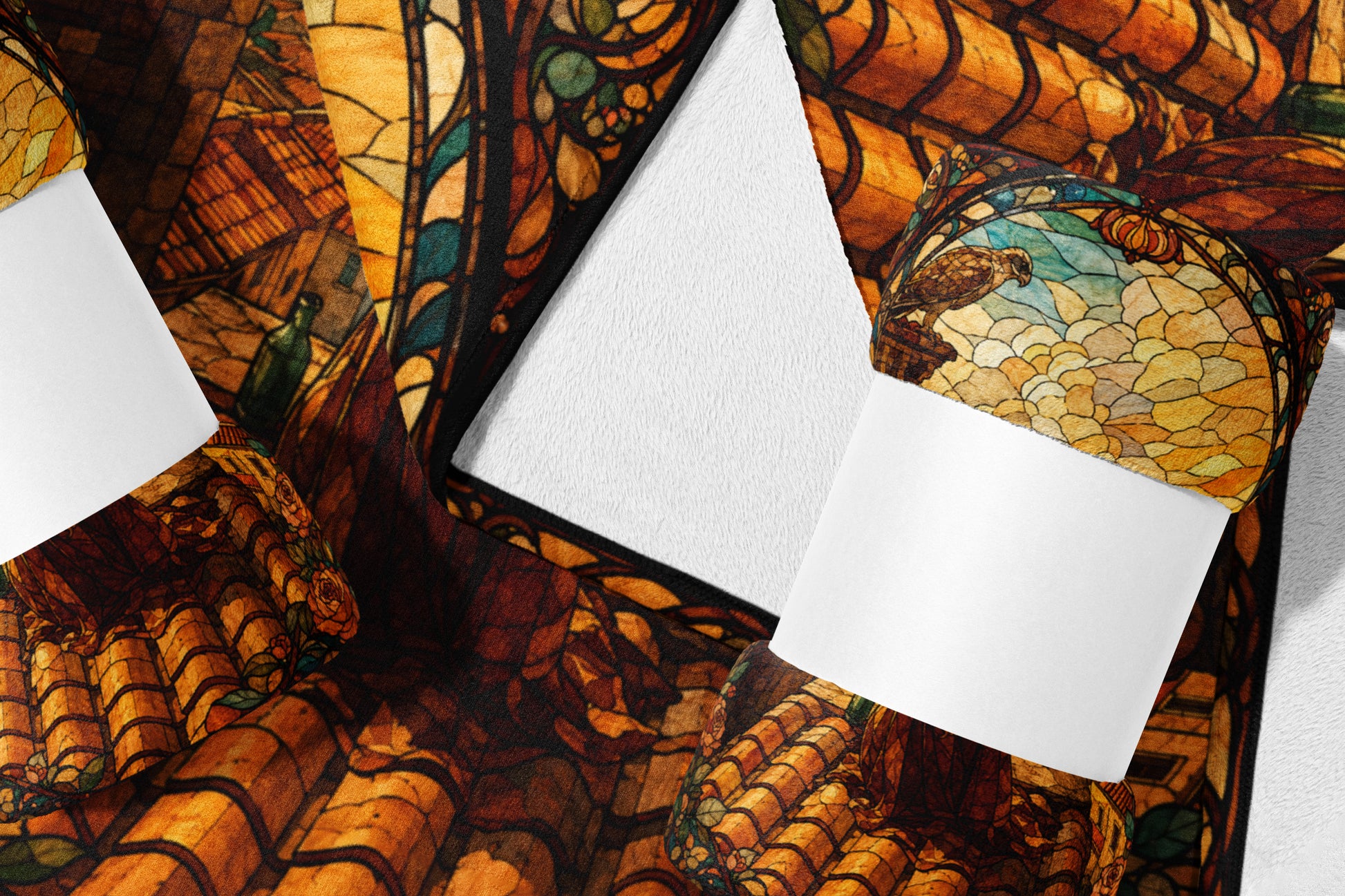 Faux stained glass blanket featuring roses and a hawk with white overlay.