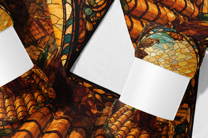 Faux stained glass blanket featuring roses and a hawk with white overlay.