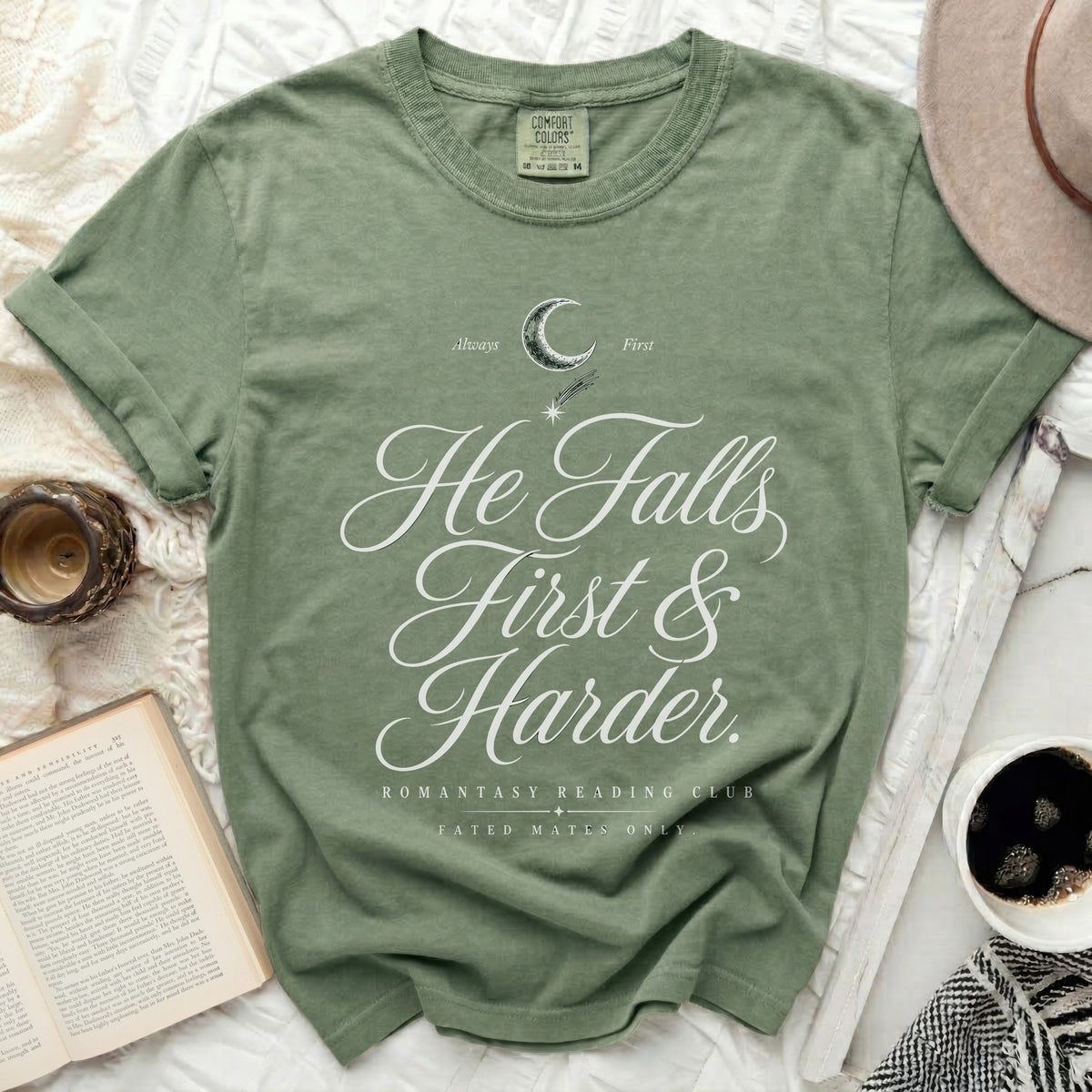 Olive green t-shirt with "He Falls First & Harder" text and romance book club design.