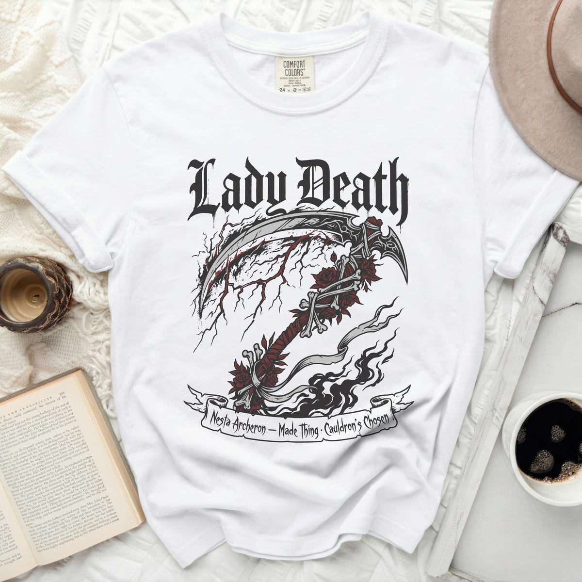 White t-shirt with "Lady Death" and scythe graphic, "Nesta Archeron" text.