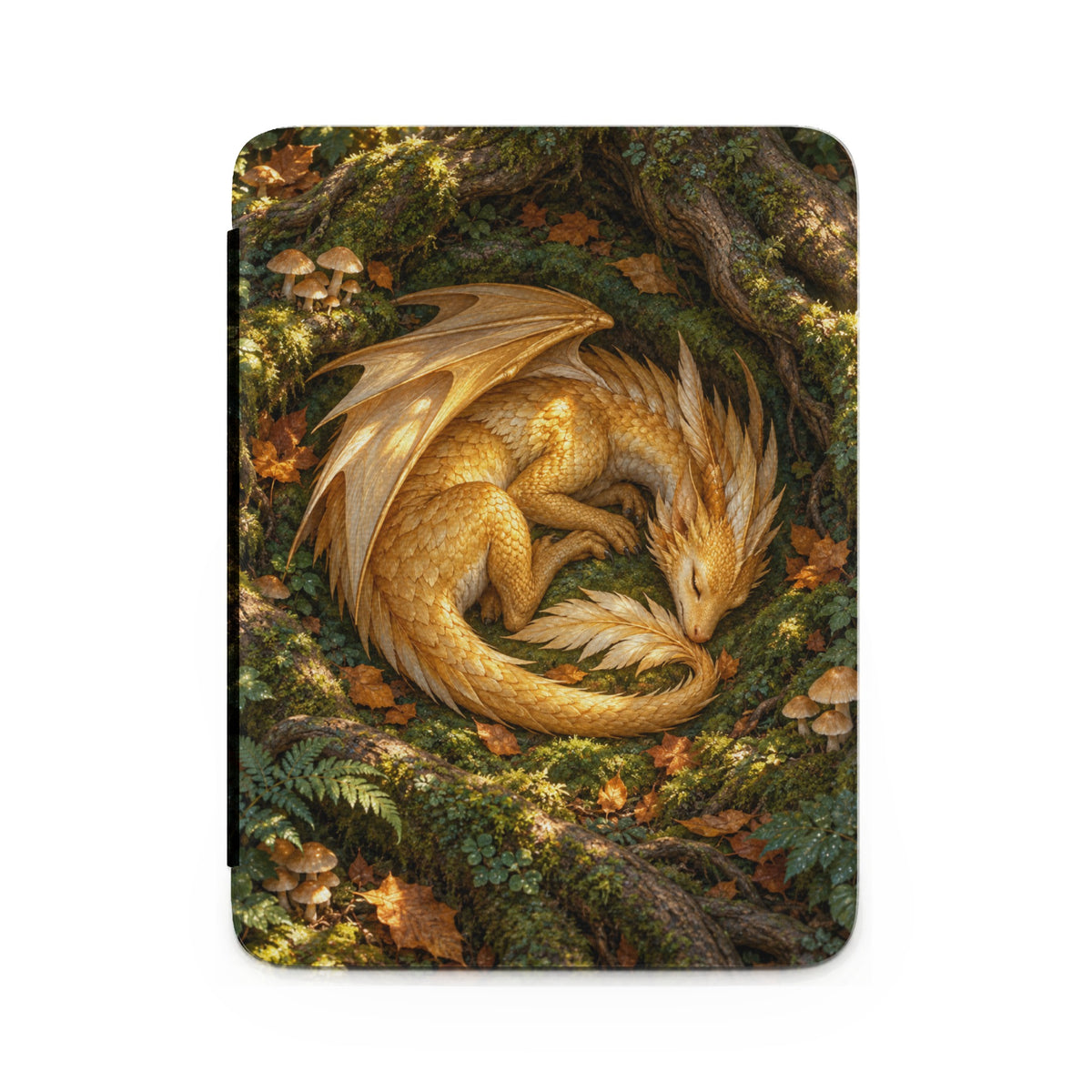 Golden dragon curled sleeping in mossy forest with mushrooms and fallen leaves.