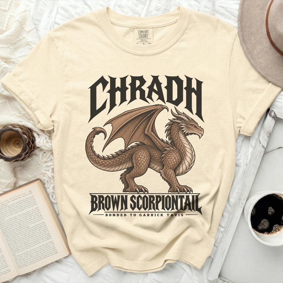 Cream Comfort Colors t-shirt with "Chradh Brown Scorpion tail" and dragon graphic.