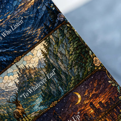 Three stained-glass style panels: starry night mountains, castle in forest, city sunset with moon.