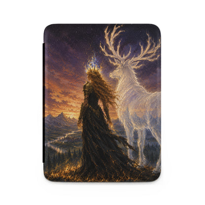 Gowned queen with fiery crown and luminous stag overlook a valley at dusk.
