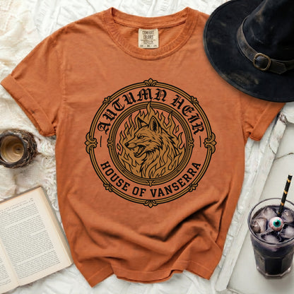 Orange t-shirt with "Autumn Heir House of Vanserra" wolf graphic.