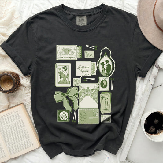Dark t-shirt with a "Pride and Prejudice" literary collage graphic.