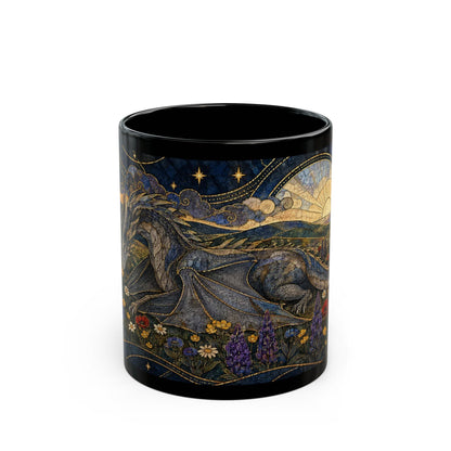 A black ceramic mug featuring a mosaic-style illustration of a dragon resting in a wildflower field under a starry night sky.