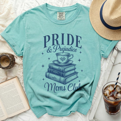 Blue t-shirt with "Pride & Prejudice Moms Club" text and book graphic.