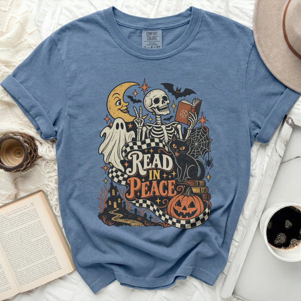 Read In Peace Cat Tee in Blue Jean