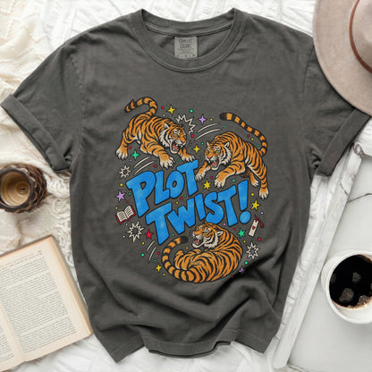 T-shirt with three tigers and "PLOT TWIST!" text design.