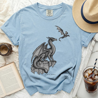 Light blue t-shirt with a black ink drawing of two dragons, text "TEINE & FEIRGE".