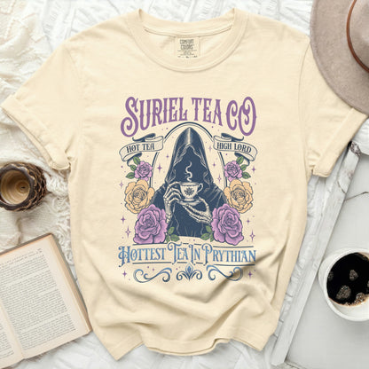 Cream comfort colors t-shirt with Suriel Tea Co. graphic of grim reaper and roses.