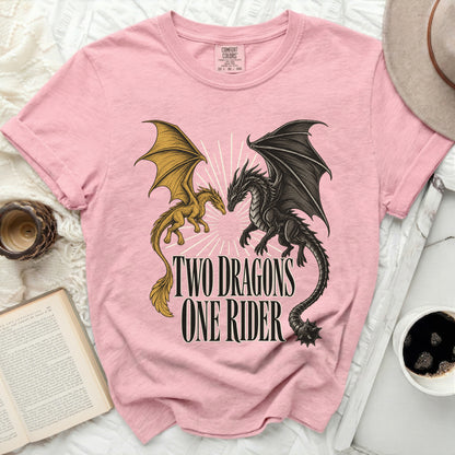 Pink t-shirt with graphic of two dragons and text "TWO DRAGONS ONE RIDER".